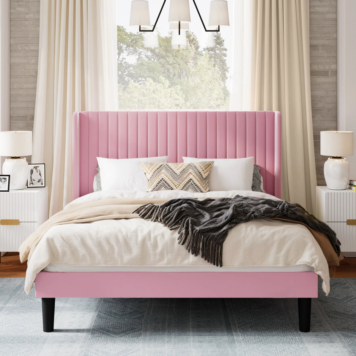 Queen Size Velvet Upholstered Platform Bed Frame U123580