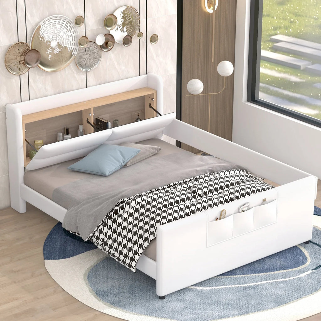Twin Size Upholstered Platform Bed with Guardrail and Storage Headboard B214