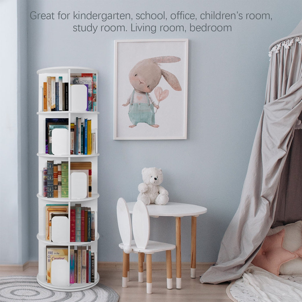 5 Tier 360° Rotating White Wood Bookshelf I4853