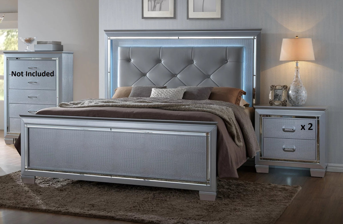 Queen Size 3pc Upholstered Bed 2 Nightstand Wooden Bedroom Furniture Set T44752