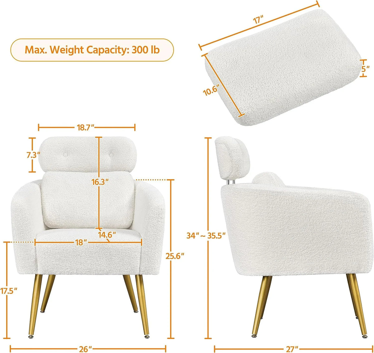 White Boucle Accent Chair with Adjustable Headrest and Golden Legs M13406