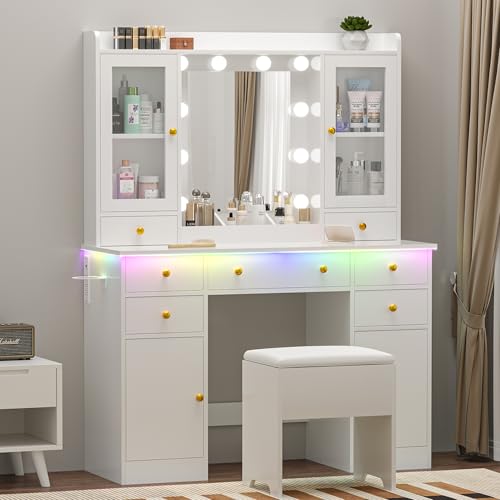 White Vanity Desk with Mirror and Lights J8928