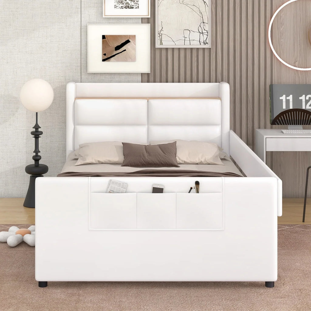 Twin Size Upholstered Platform Bed with Guardrail and Storage Headboard B214