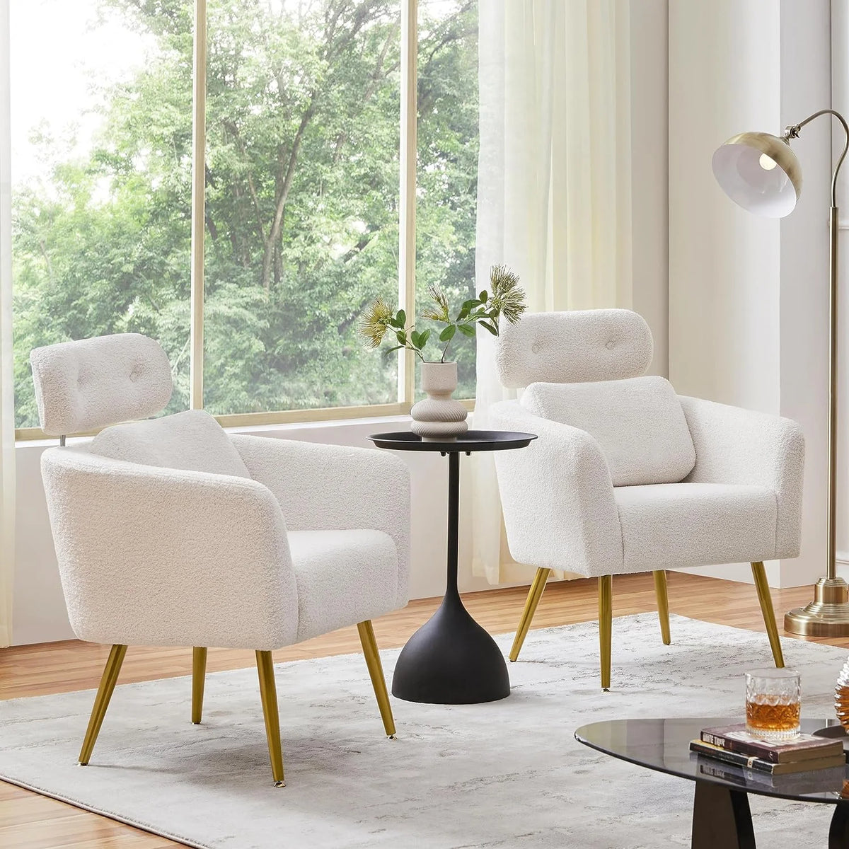White Boucle Accent Chair with Adjustable Headrest and Golden Legs M13406