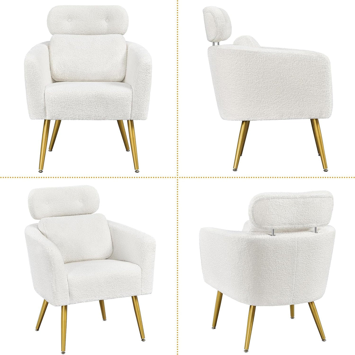 White Boucle Accent Chair with Adjustable Headrest and Golden Legs M13406