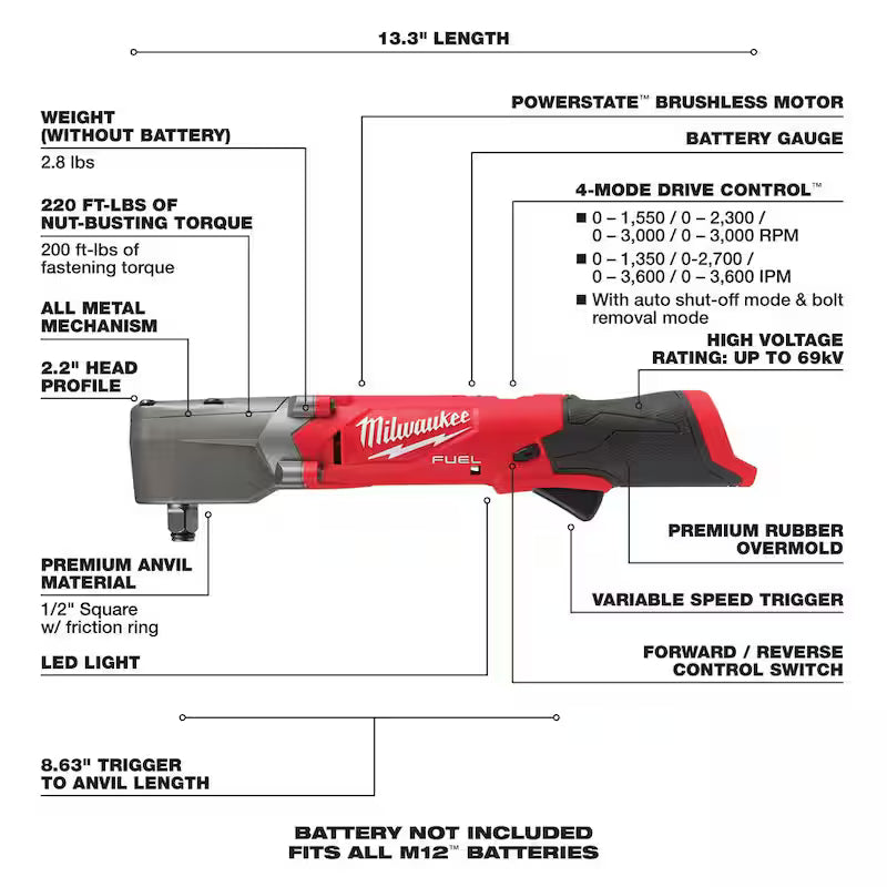 12V Brushless Cordless 1/2 in. Right Angle Impact Wrench with 2.5 Ah Battery T896185