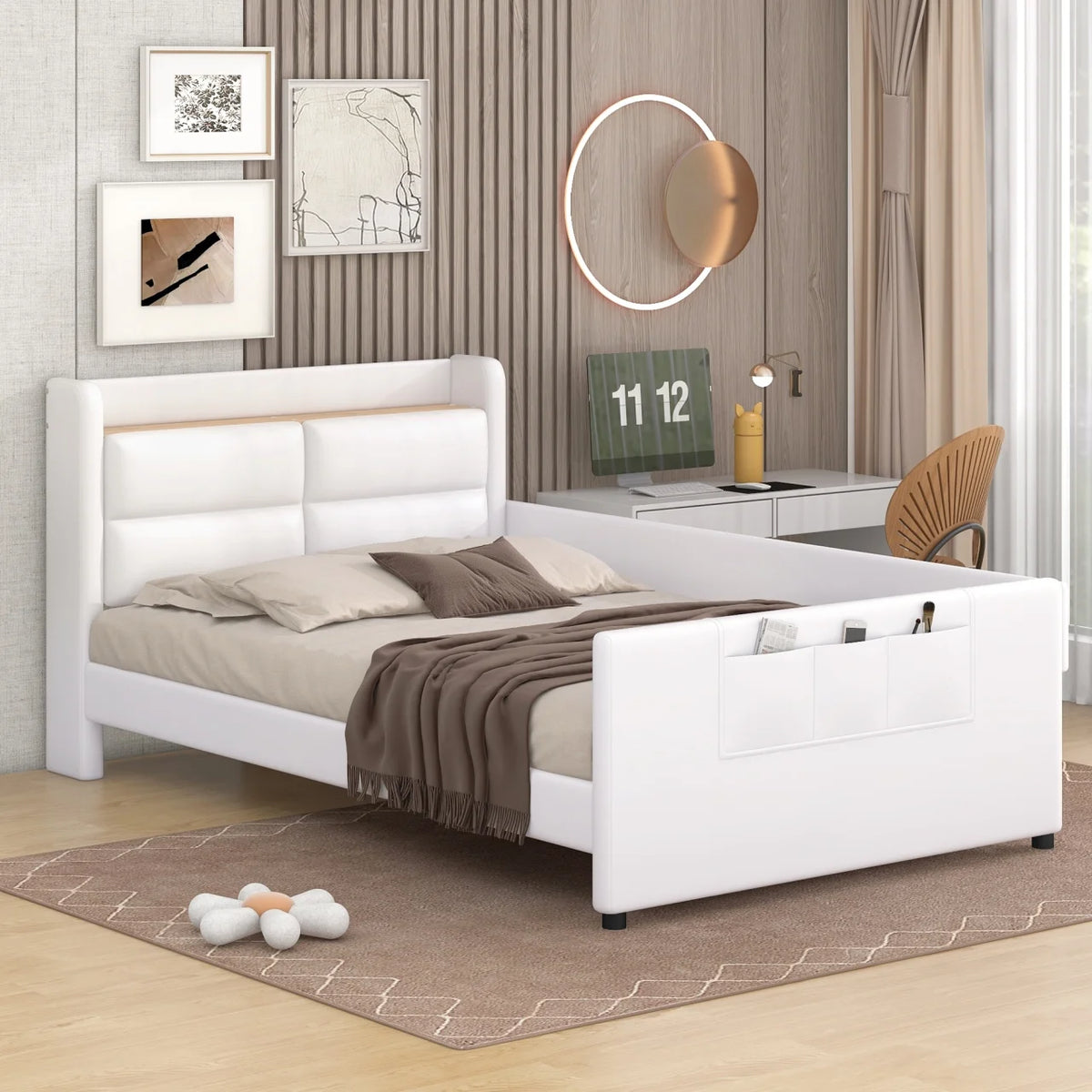 Twin Size Upholstered Platform Bed with Guardrail and Storage Headboard B214