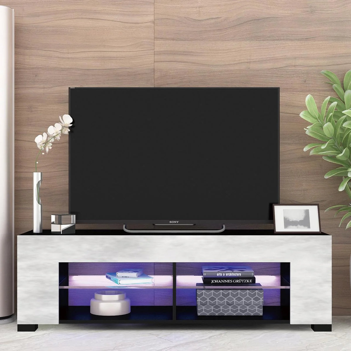 Black 57 Inch TV Stand with LED Lights and Glass Shelves I775