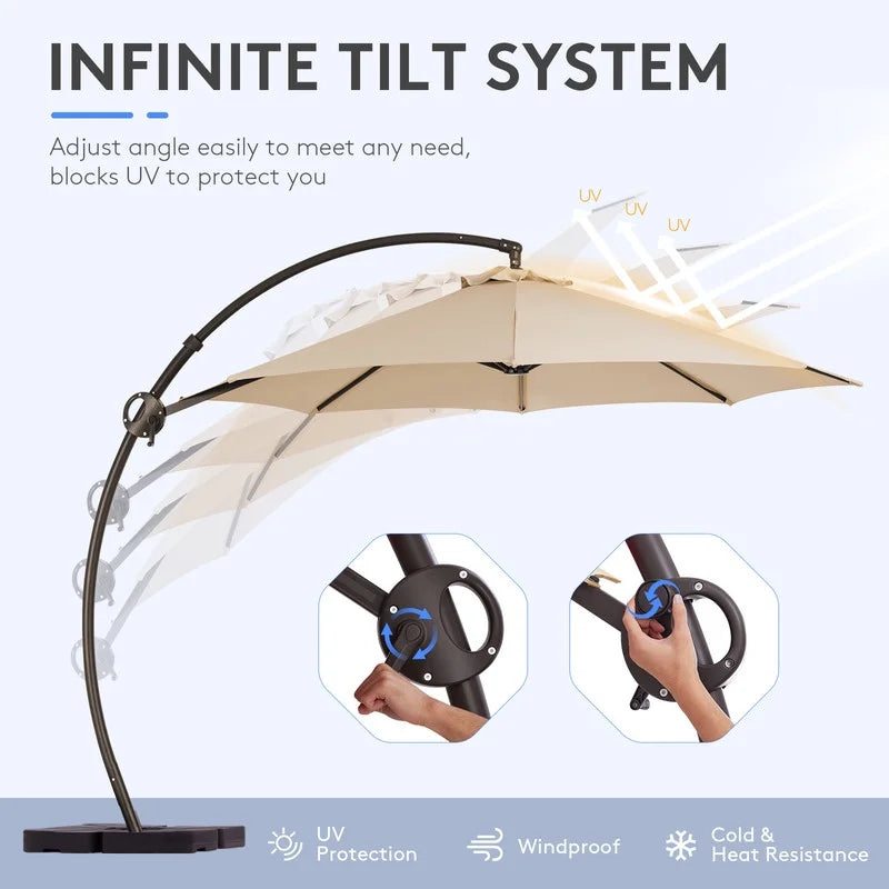 11ft Curvy Cantilever Offset Hanging Patio Umbrella with Base, Beige B875009