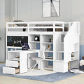 White Solid Wood Loft Bed with Stairs Desk Storage Shelves and Blackboard Y662