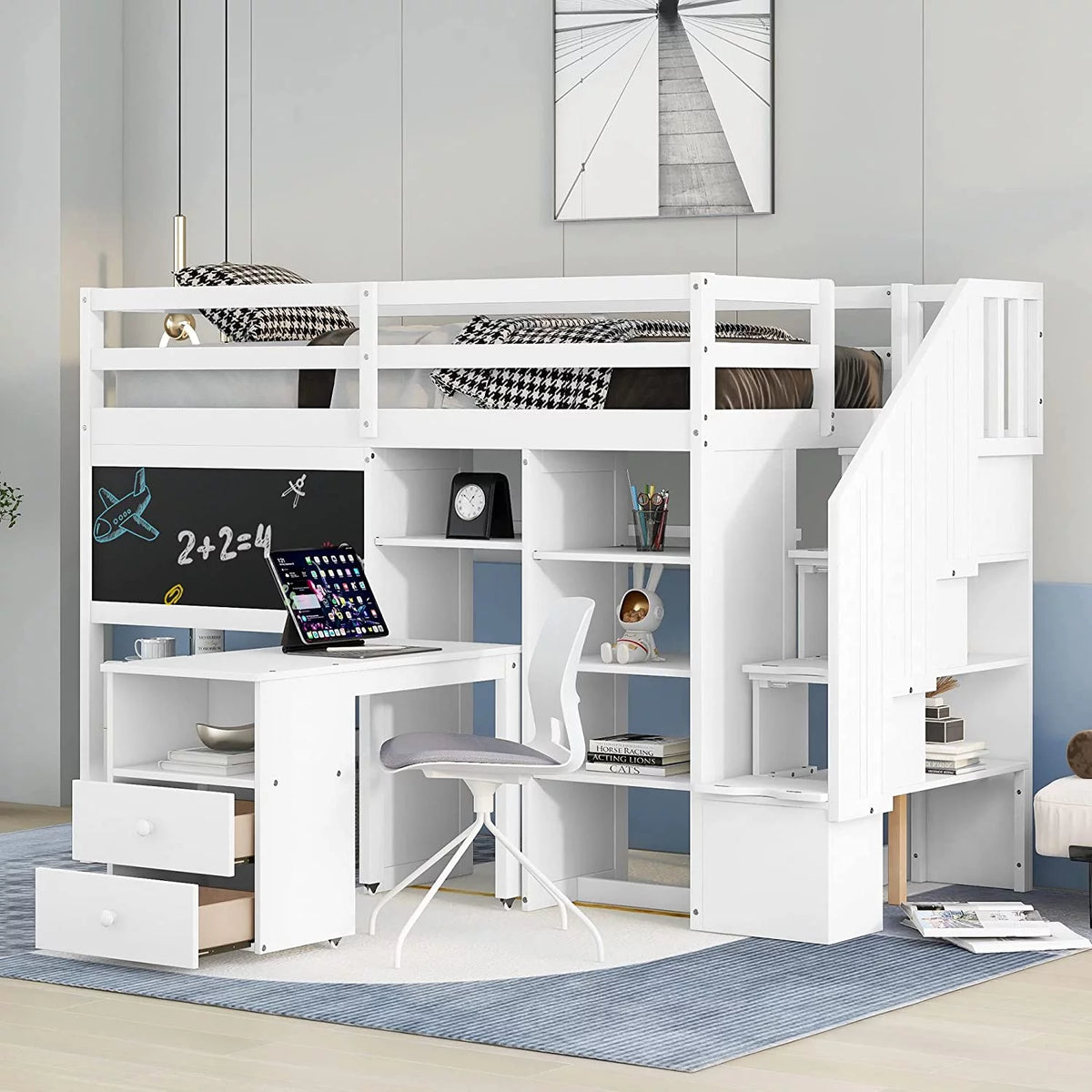 White Solid Wood Loft Bed with Stairs Desk Storage Shelves and Blackboard Y662
