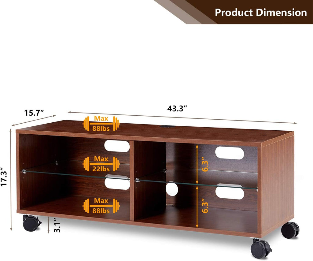 Rolling Wood Corner TV Console Stand with Wheels and Cabinets for up to 60 inch TVs, Walnut S376380