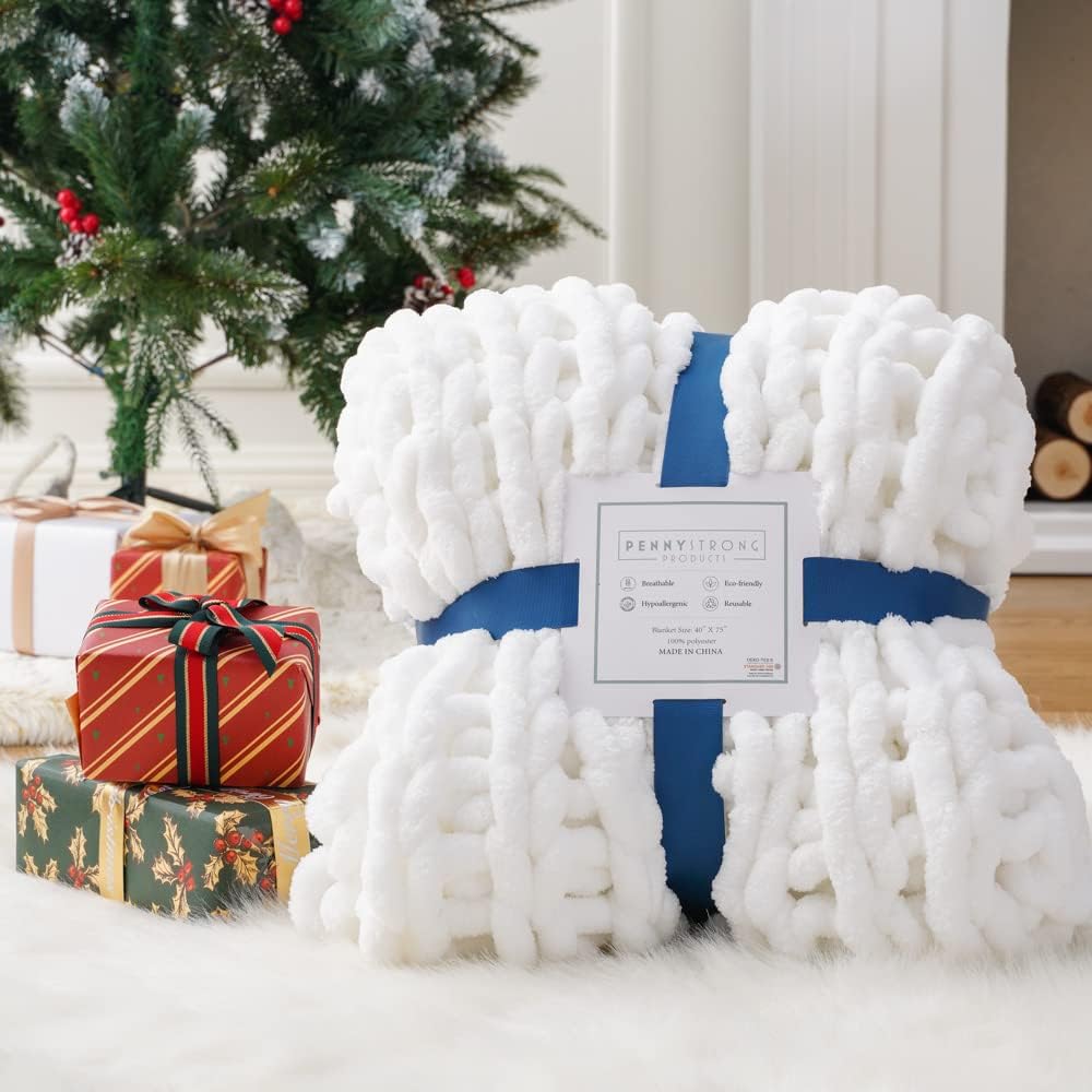 White Oversized Chunky Knit Chenille Blanket C738