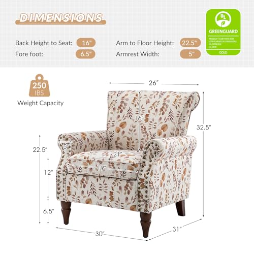 Blue Floral Pattern Upholstered Accent Chair with Wood Legs I214