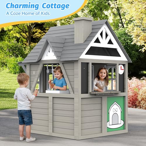 Cedar Gray Wooden Kids Playhouse with Play Kitchen W2941