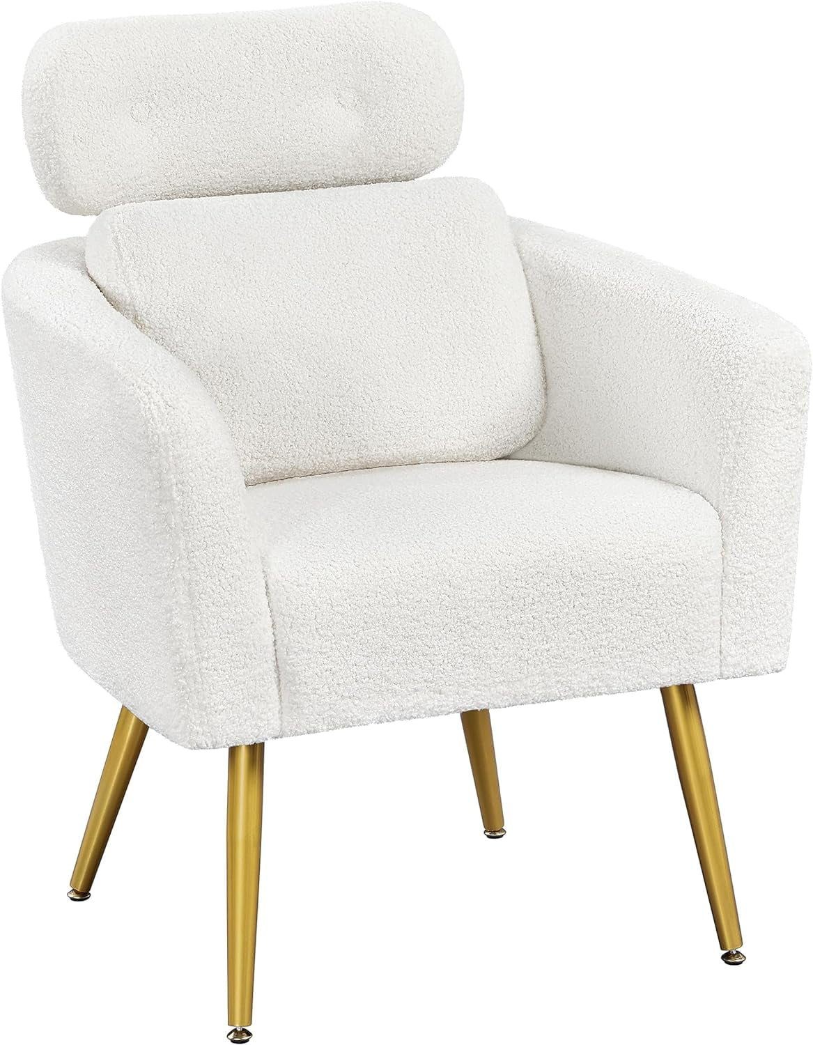 White Boucle Accent Chair with Adjustable Headrest and Golden Legs M13406