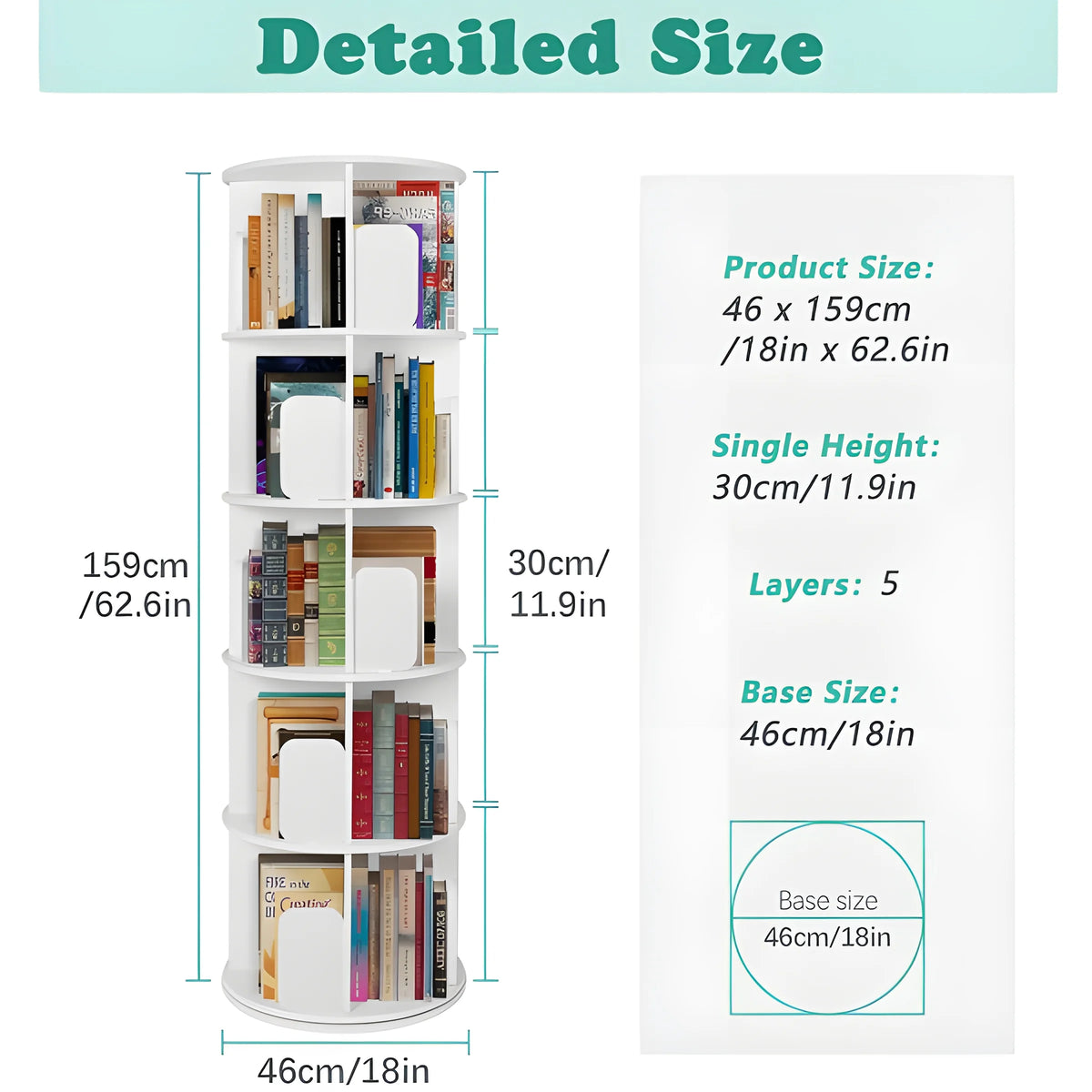 5 Tier 360° Rotating White Wood Bookshelf I4853