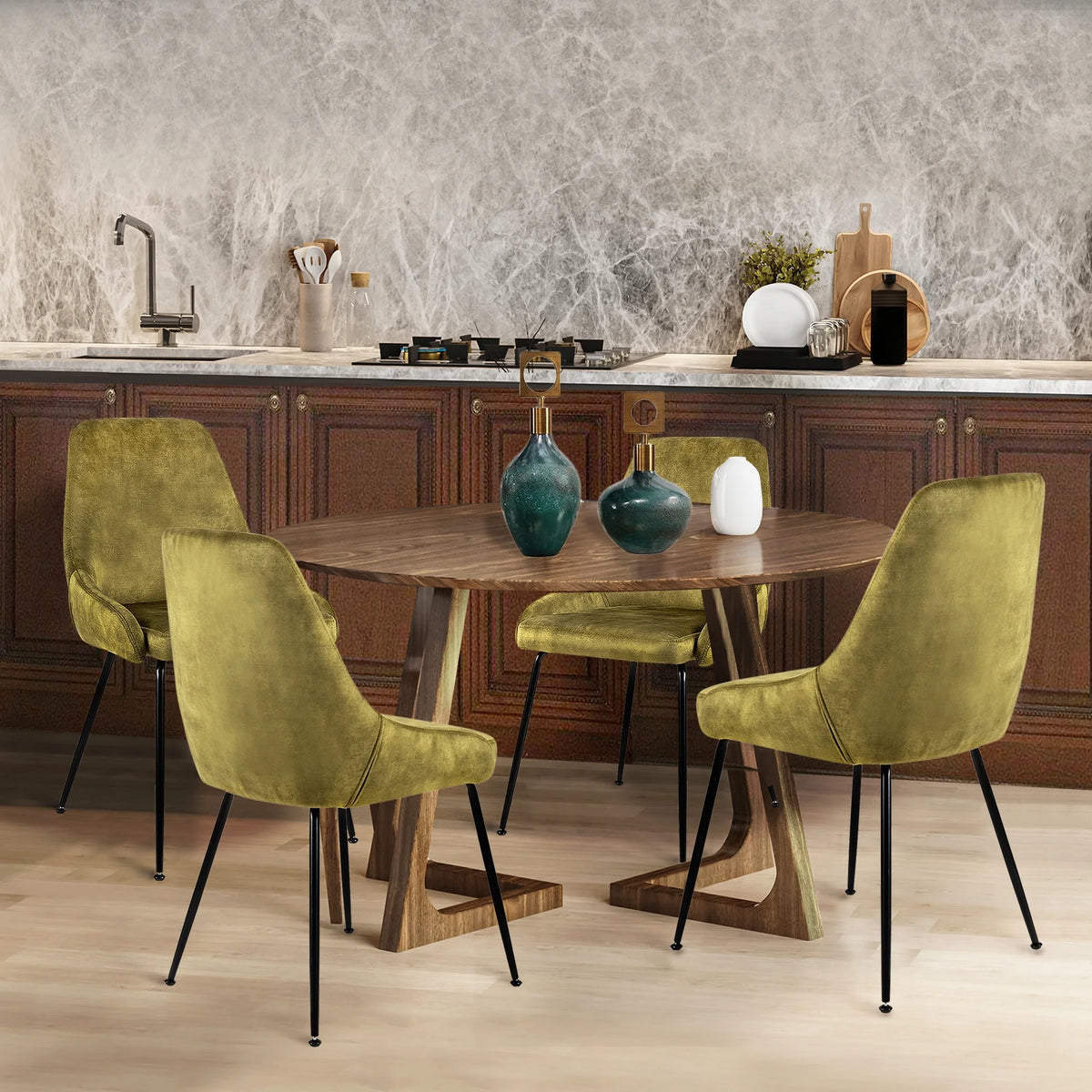 5 Piece Rectangle Dining Table and Green Velvet Chairs L9201