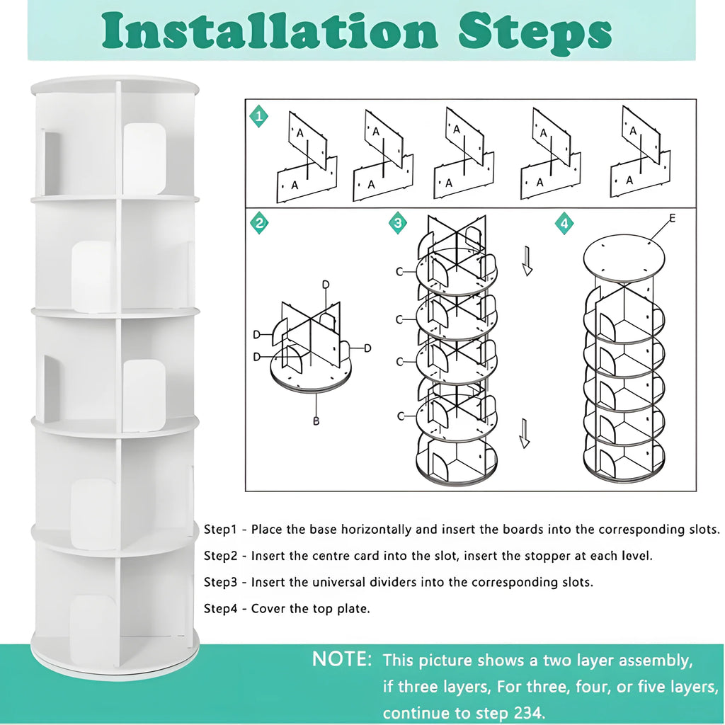 5 Tier 360° Rotating White Wood Bookshelf I4853