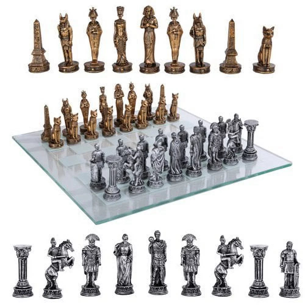 Egyptian vs Roman Chess Set with Glass Board E5027