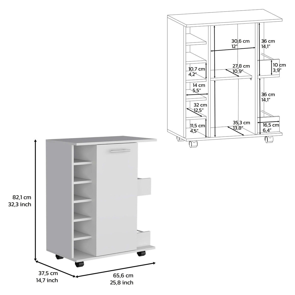 White Engineered Wood Bar Cart with 2 Side Shelves K2872