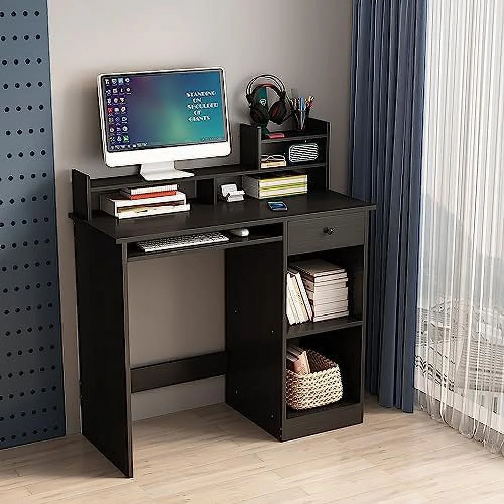 White Wood Computer Desk with Drawers and Keyboard Tray M57030