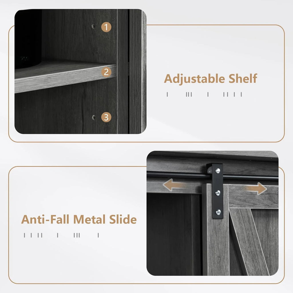 Wash Gray Coffee Bar Cabinet with Sliding Barn Doors S1146