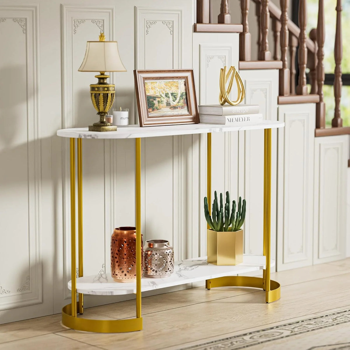 Gold 2-Tier Faux Marble Console Table N620131