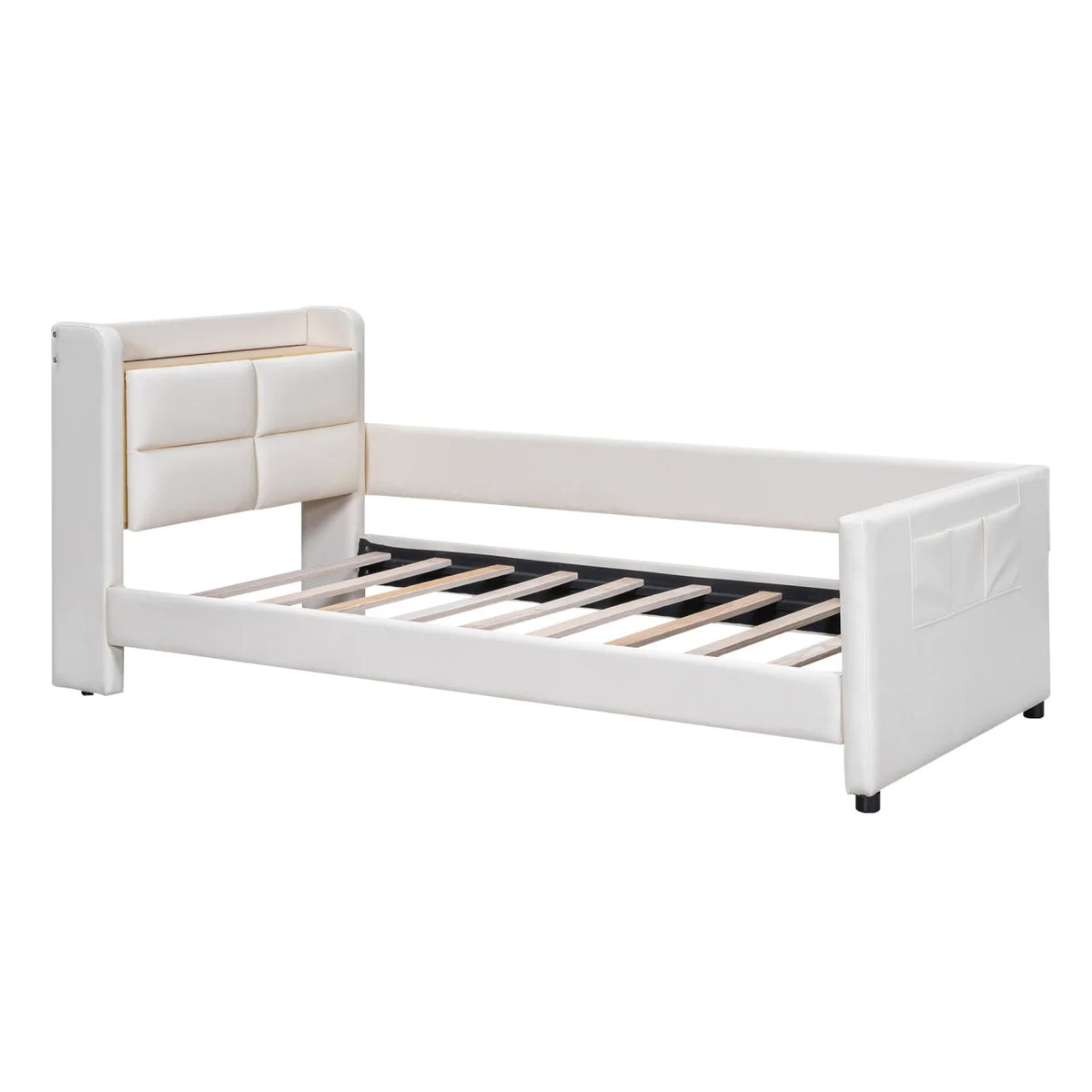 Twin Size Upholstered Platform Bed with Guardrail and Storage Headboard B214