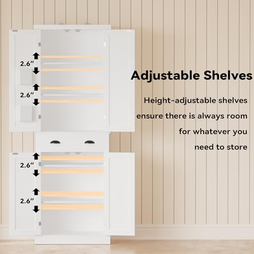 White Kitchen Pantry Storage Cabinet with Barn Doors, Drawer, 4 Adjustable Shelves W300394
