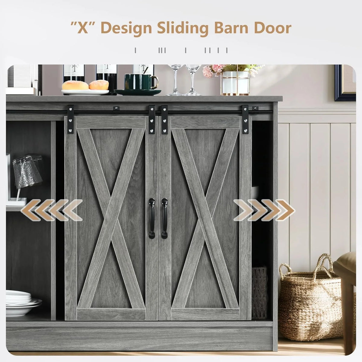 Wash Gray Coffee Bar Cabinet with Sliding Barn Doors S1146