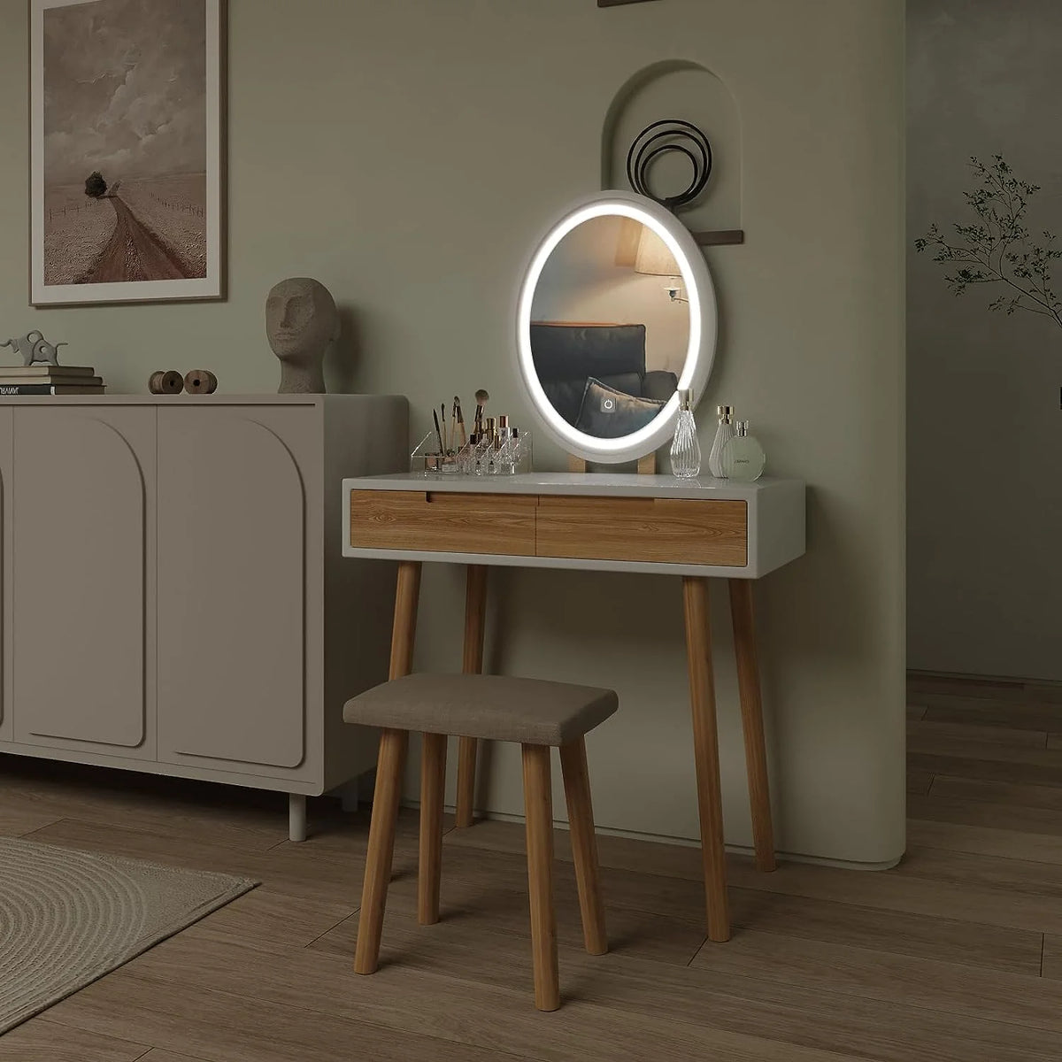 31.5'' Makeup Vanity Desk with Oval Mirror and Stool U9377