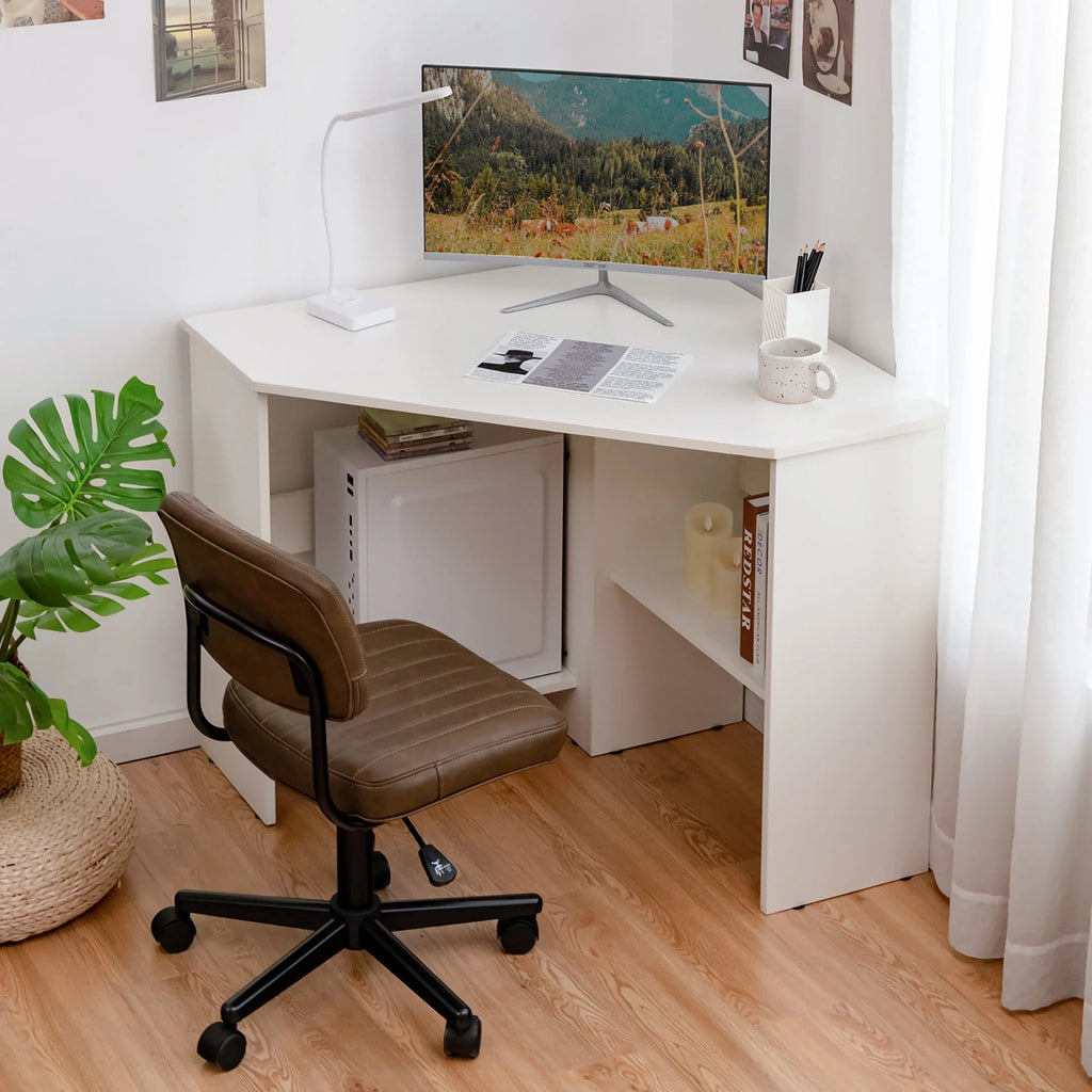Corner Computer Desk with Storage Shelf White P26145