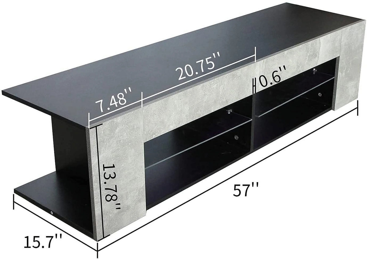 Black 57 Inch TV Stand with LED Lights and Glass Shelves I775