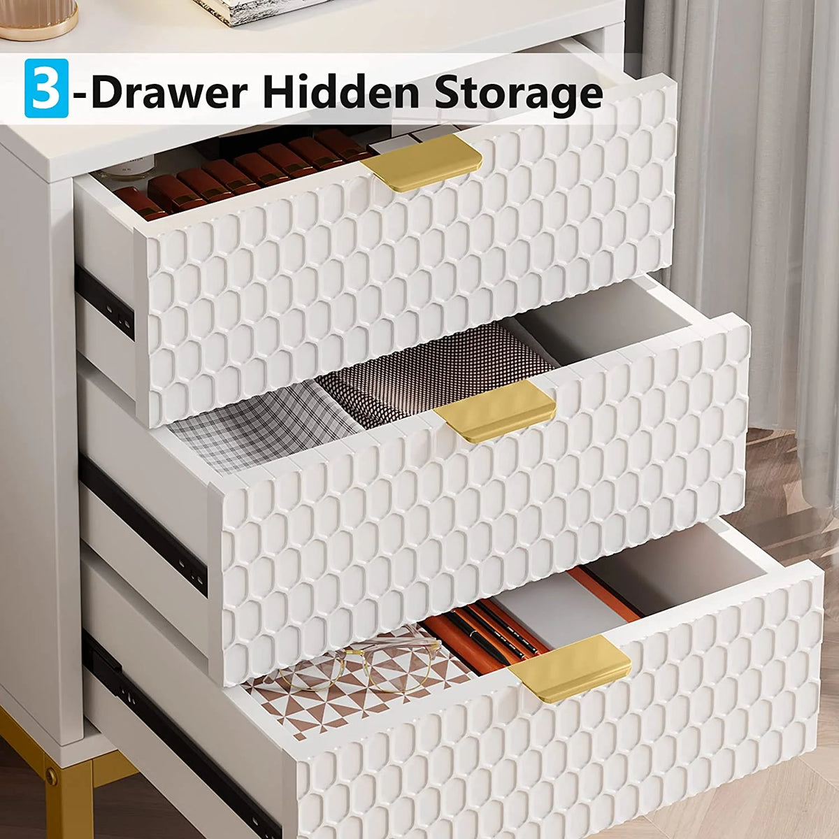White and Gold 3 Drawer Nightstand R760303