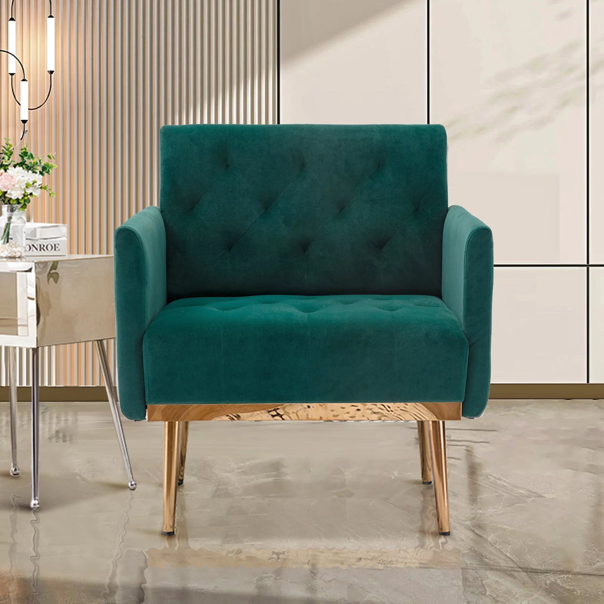 Green Velvet Upholstered Accent Chair with Metal Legs I89394