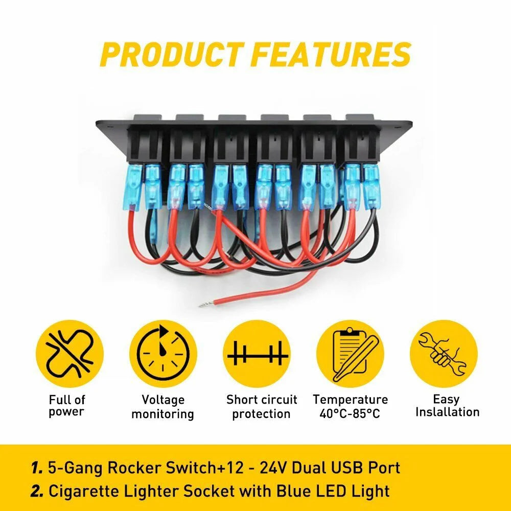 6 Gang Blue LED Rocker Switch Panel F72805