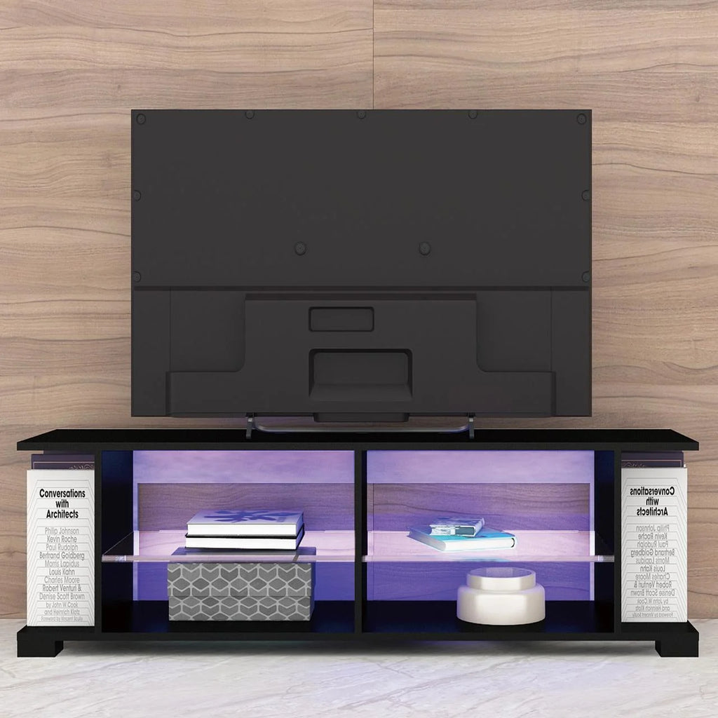 Black 57 Inch TV Stand with LED Lights and Glass Shelves I775