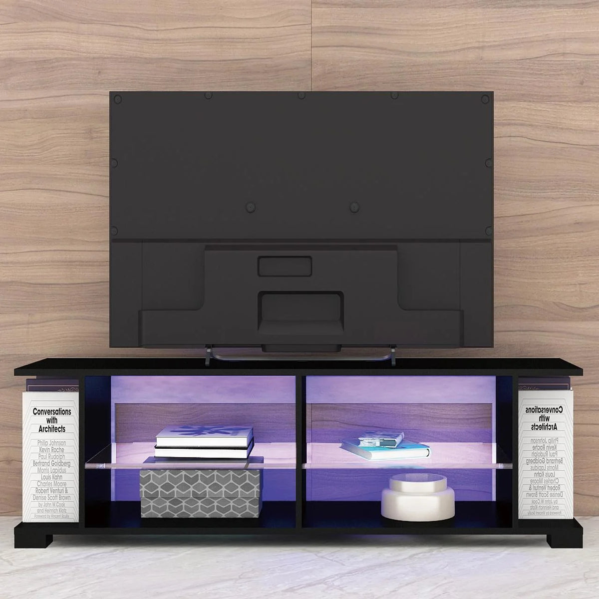 Black 57 Inch TV Stand with LED Lights and Glass Shelves I775