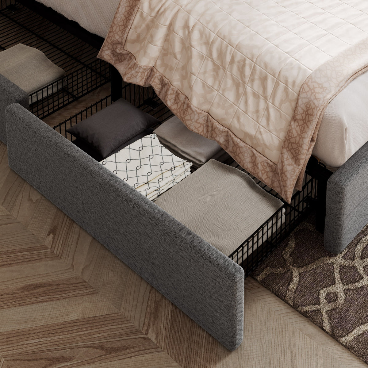 Light Grey Queen Platform Bed Frame with 4 Drawers Storage N206