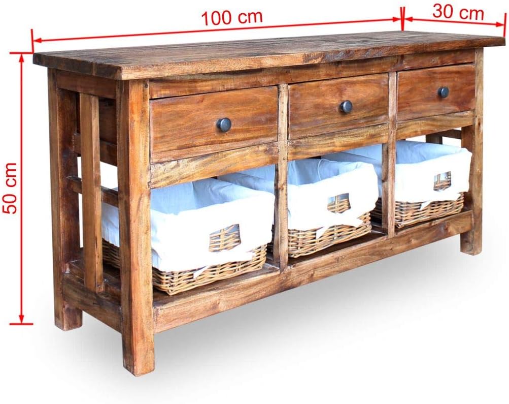 Handmade Solid Wood Sideboard with 3 Drawers & 3 Removable Baskets Z4642