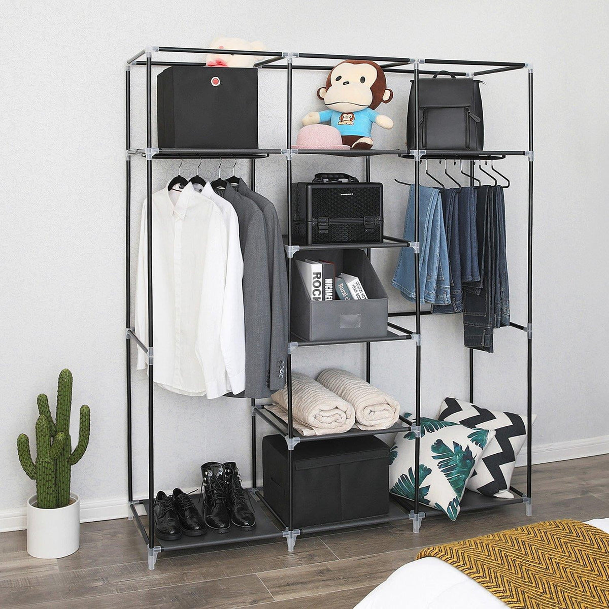 69'' Black Portable Closet Wardrobe with Metal Shelves F847