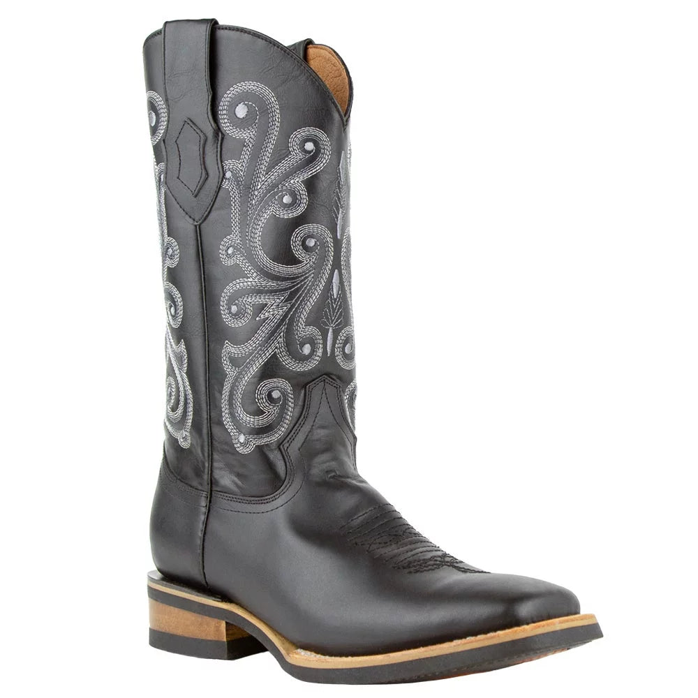 Mens French Embroidered Square Toe Mid Calf Boots N547