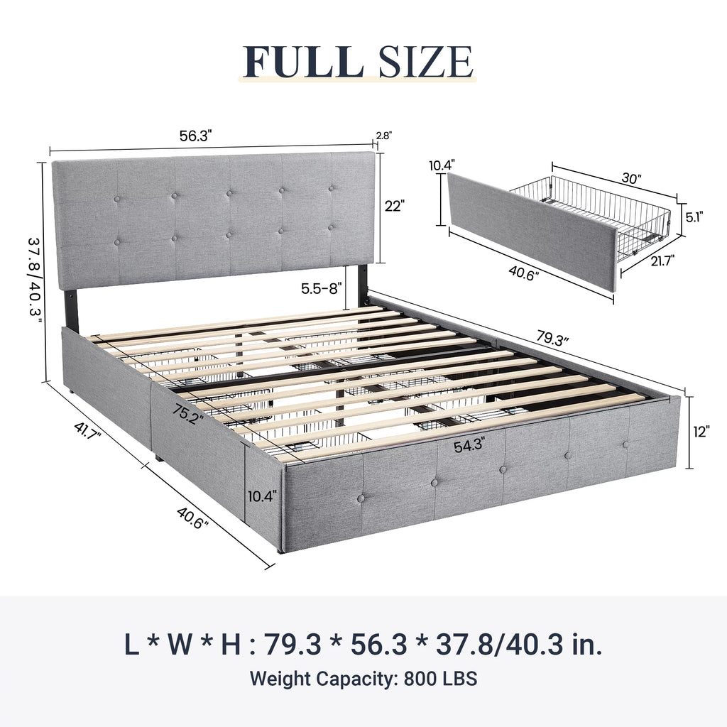 Light Grey Queen Platform Bed Frame with 4 Drawers Storage N206