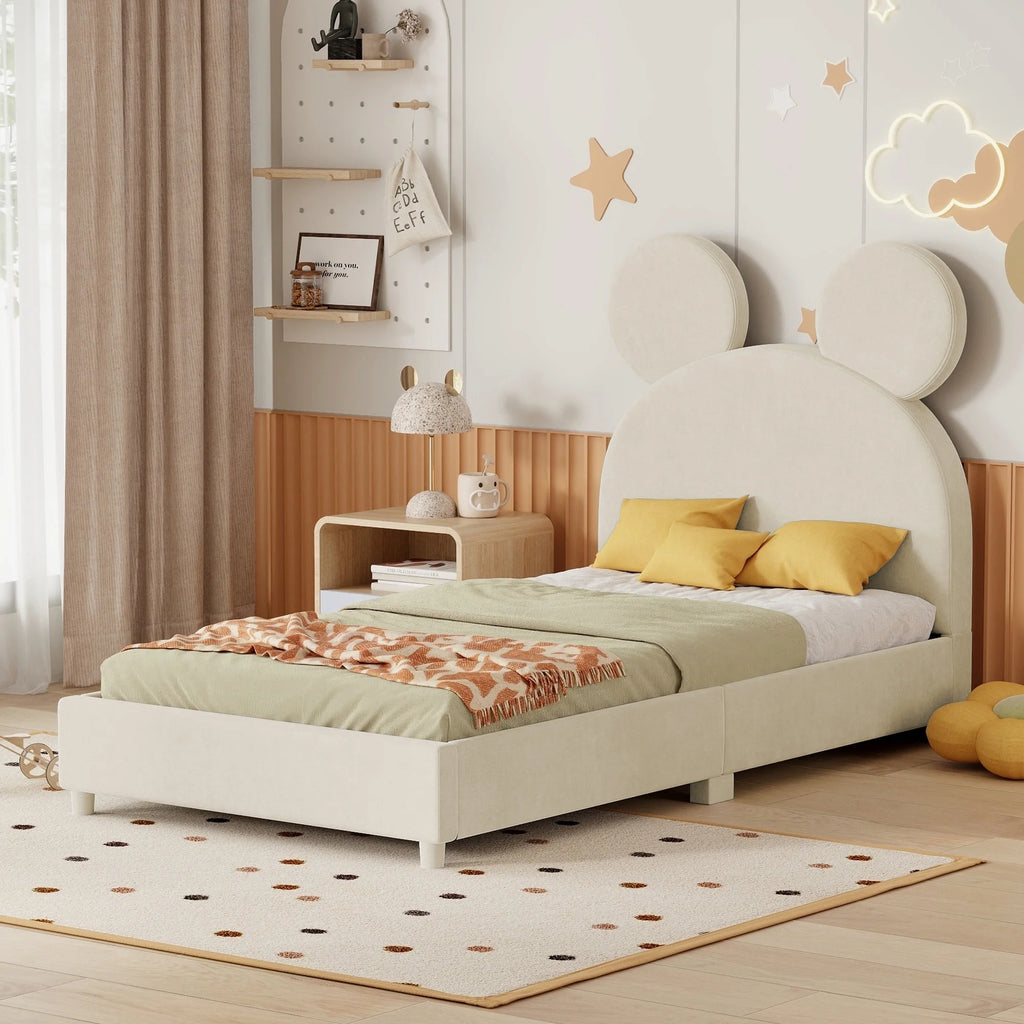 Twin Size Upholstered Bed Frame with Bear Ear Headboard I53326