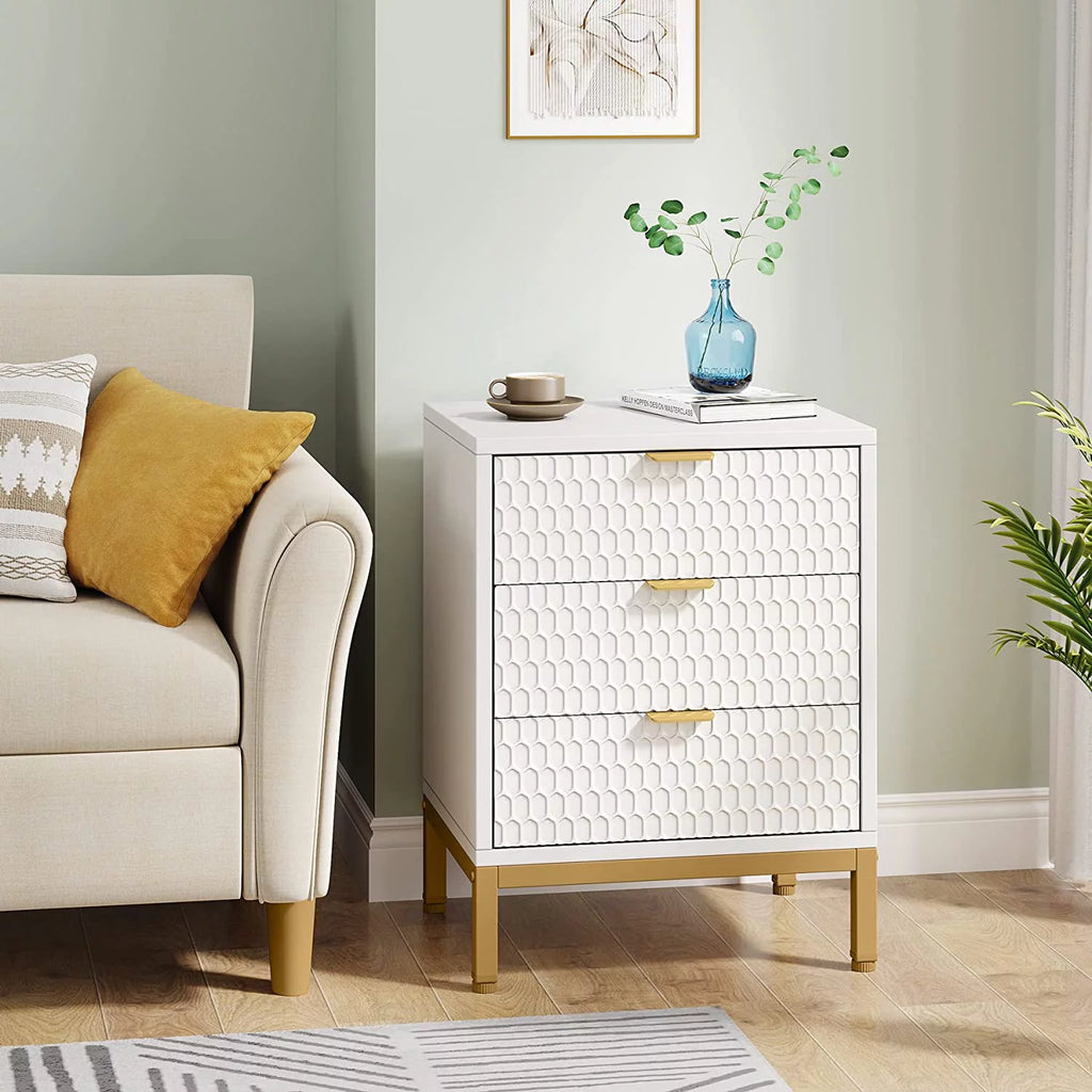 White and Gold 3 Drawer Nightstand R760303