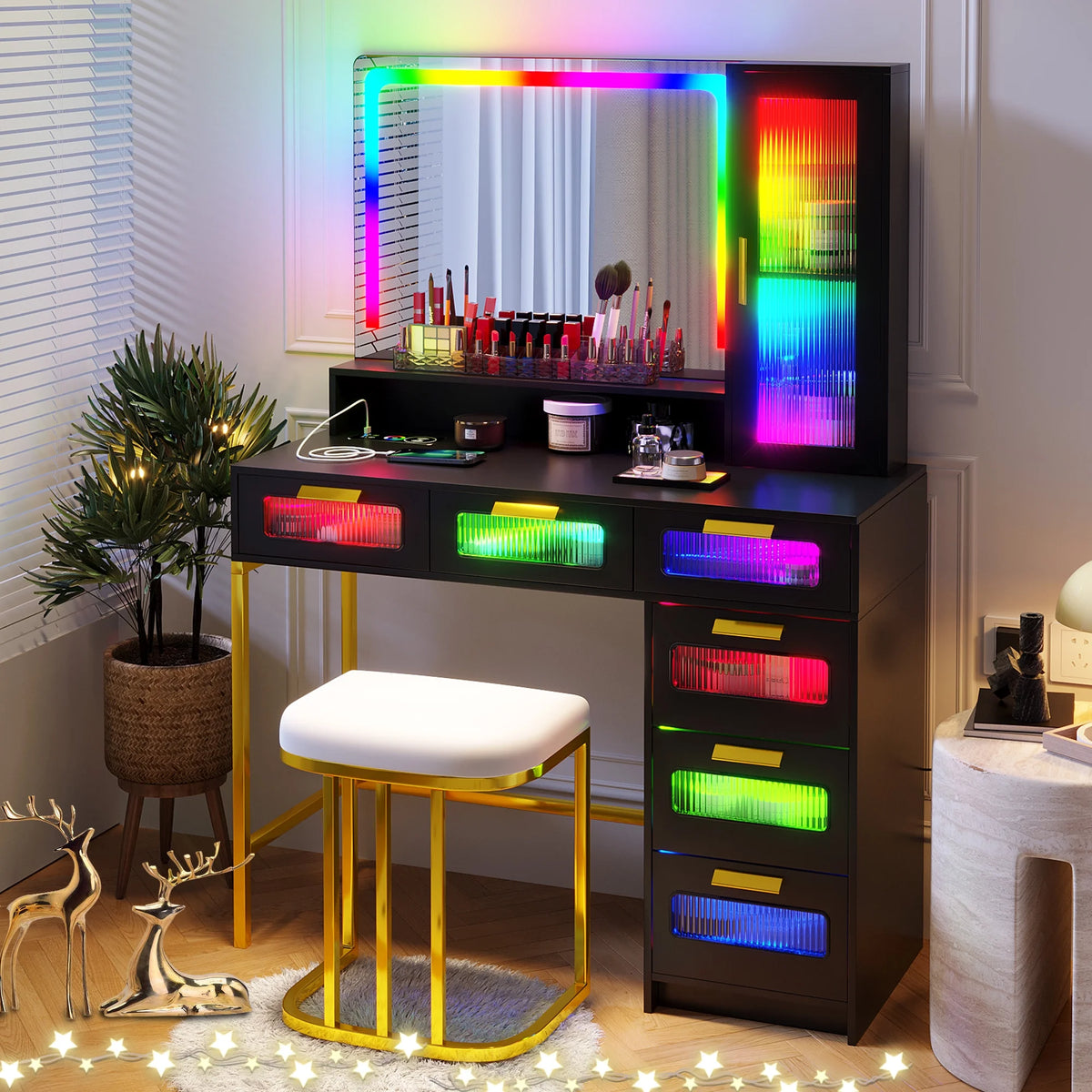 Black Vanity Set with 6 Drawers and Stool F5511