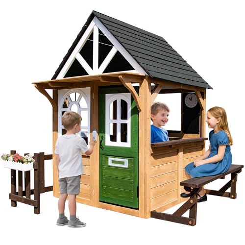 Cedar Gray Wooden Kids Playhouse with Play Kitchen W2941