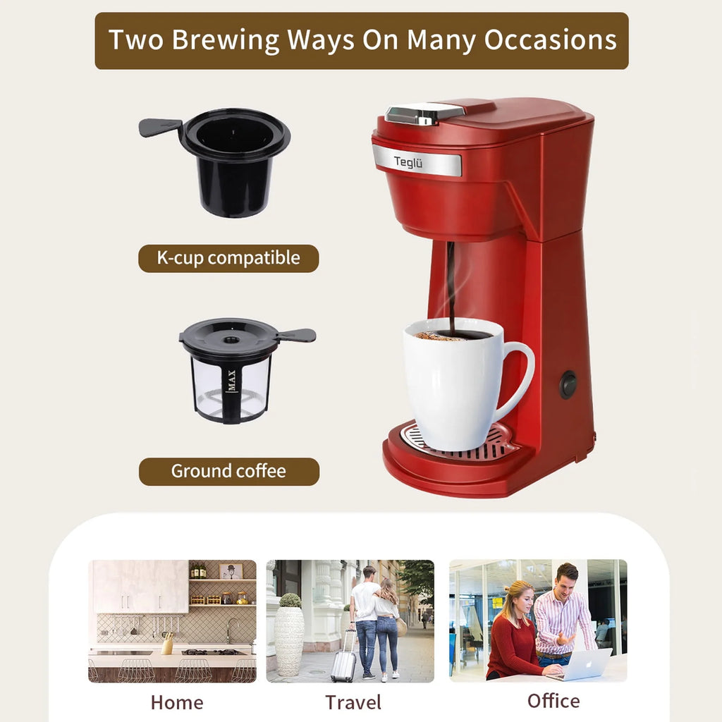 2 in 1 Single Serve Coffee Maker with Reusable Filters, Red Q103