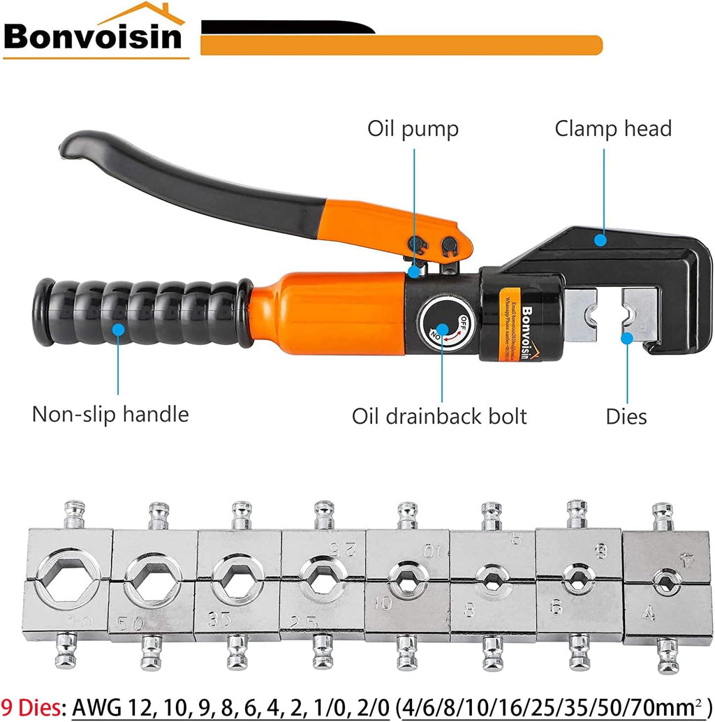 Hydraulic Wire Crimper 12-2/0 awg with 9 Dies W8881